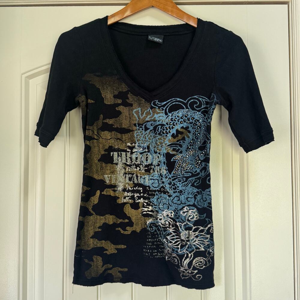 Daytrip Y2K Black V-neck Graphic Tshirt Blouse Asian Dragon 100% Cotton Sz XL